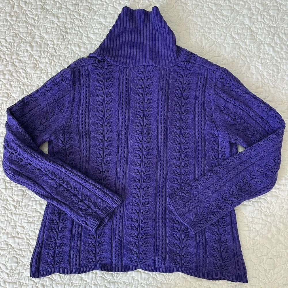J Jill Knit Sweater Cardigan Medium Cable‎ Pointelle Purple Cotton Blend Chunky - Picture 4 of 12